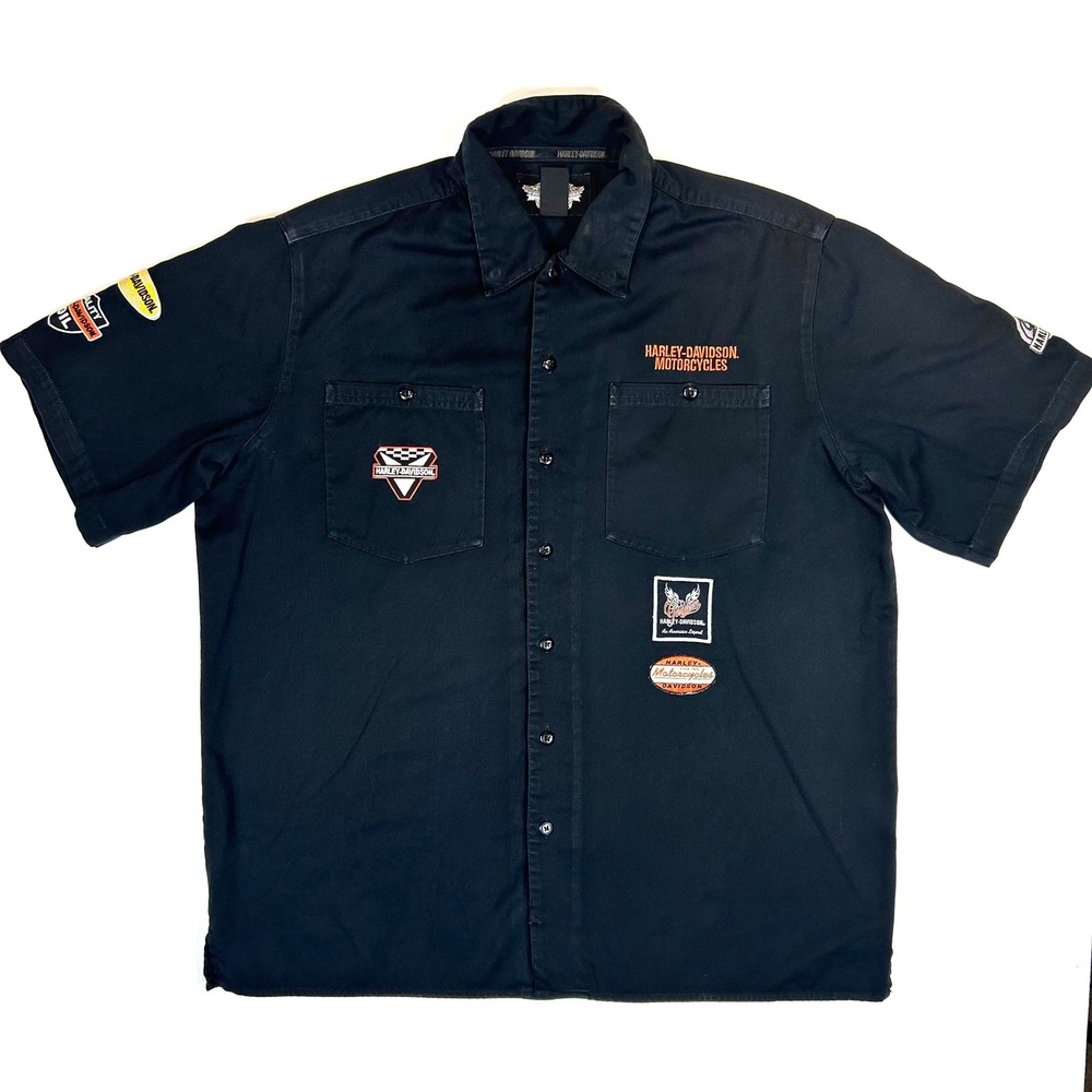 Harley-Davidson Mens Black Short Sleeve Embroidered Patch Garage Work Shirt XL